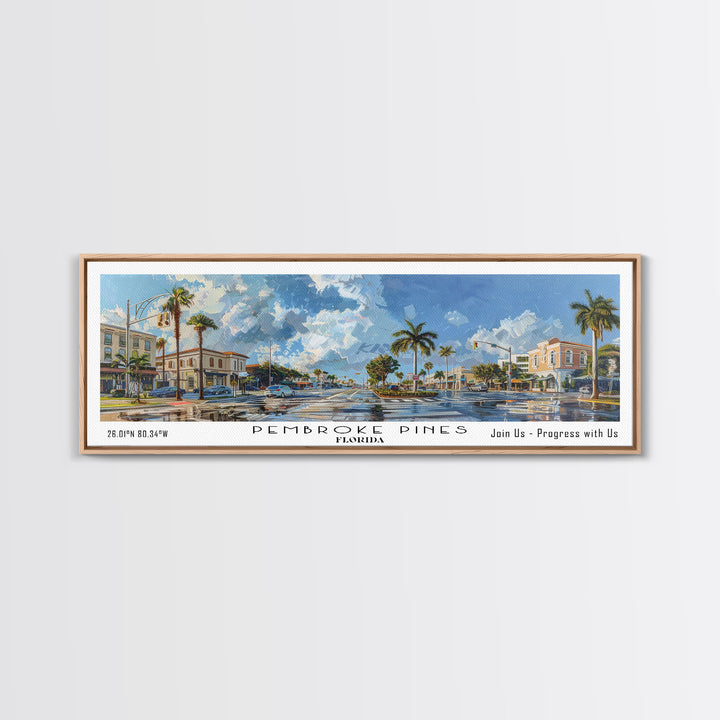 Pembroke Pines Florida Panoramic Painting, Framed Canvas Print, Beautiful Cityscape Watercolor Art, Travel Poster, Modern Home Decor