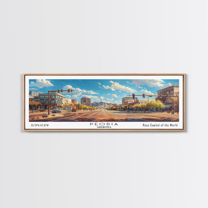 Peoria Arizona Panoramic Framed Canvas Print, Watercolor Cityscape Art, Travel Poster, Home Decor, Urban Gift Idea, Living Room Art