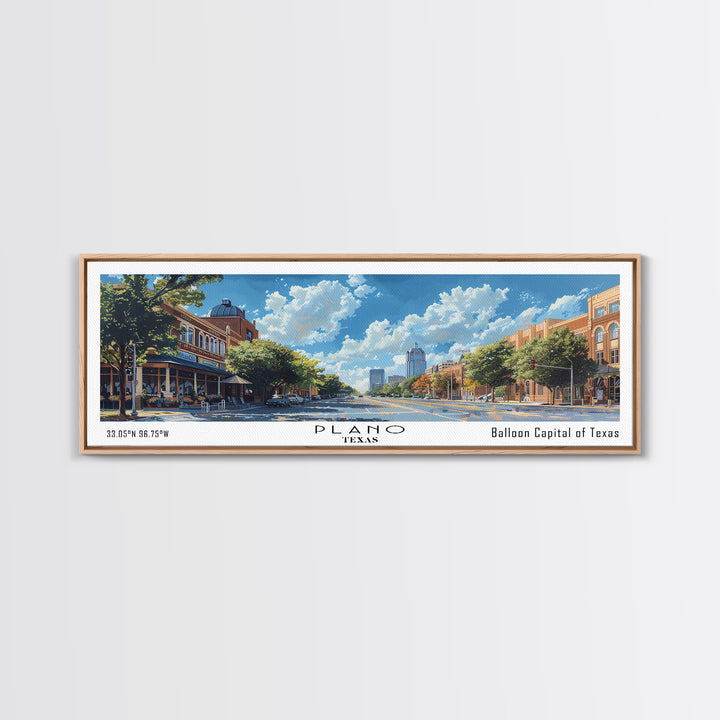 Plano Texas Panoramic Framed Canvas Print, Cityscape Watercolor Painting, Travel Poster for Home Decor, Urban Art, Unique Gift Idea