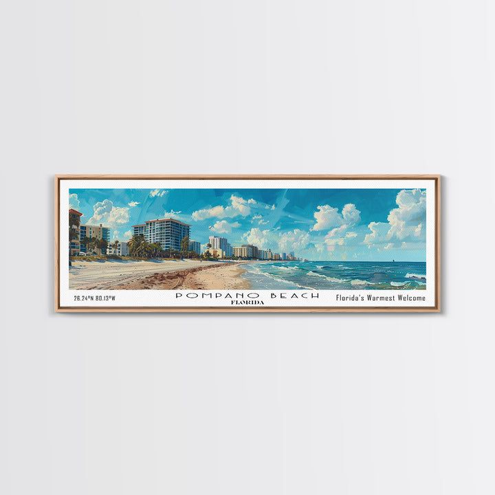 Pompano Beach Florida Panoramic Framed Canvas Print, Watercolor Cityscape Art, Travel Poster, Home Decor, Urban Gift Idea, Living Room Art