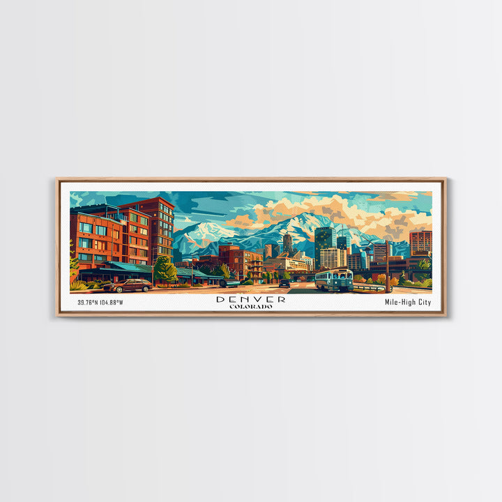 Denver Colorado Panoramic Painting Framed Canvas Print, Mid Century Modern Art, Pop Art Style, Travel Poster, Wall Art Decor, Retro Style
