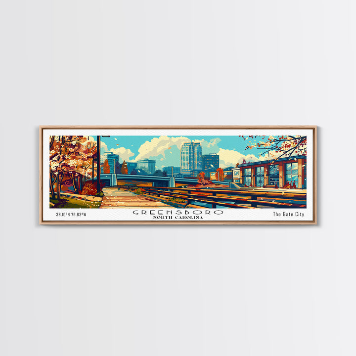 Greensboro North Carolina Panoramic Travel Poster Framed Canvas Print, Mid Century Modern Art, Pop Art Style, Wall Art Decor, Home Decoration