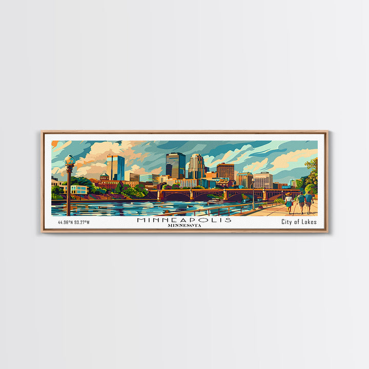 Minneapolis Minnesota Panoramic Wall Art, Mid Century Modern Framed Canvas Print, Retro Pop Art Travel Poster, Home Decor