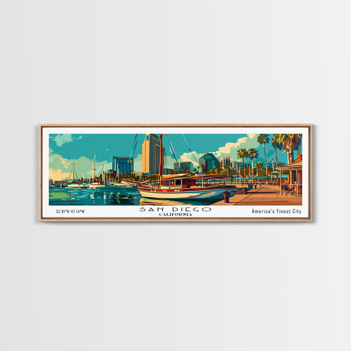 San Diego California Panoramic Painting, Retro Style Framed Canvas Print, Mid Century Modern Wall Art, Pop Art Travel Poster