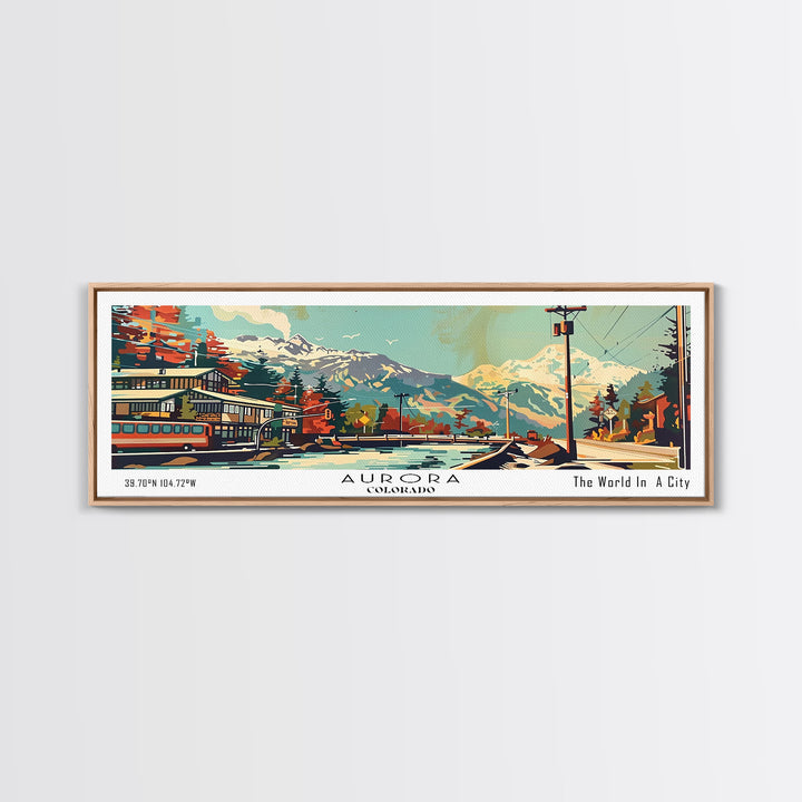 Aurora Colorado Panoramic Wall Art, Retro Pop Art Framed Canvas Print, Mid Century Modern Travel Poster, Living Room Decor, Wall Hanging, Office Art