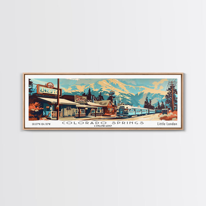 Colorado Springs Colorado Panoramic Painting, Mid Century Modern Framed Canvas Print, Retro Pop Art Travel Poster, Wall Decor, Gift Idea, Home Decor