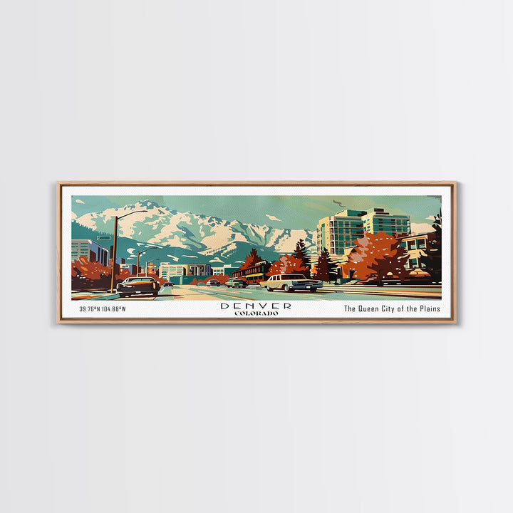 Denver Colorado Panoramic Painting, Mid Century Modern Framed Canvas Print, Retro Pop Art Travel Poster, Wall Art, Home Decor, Office Wall Art