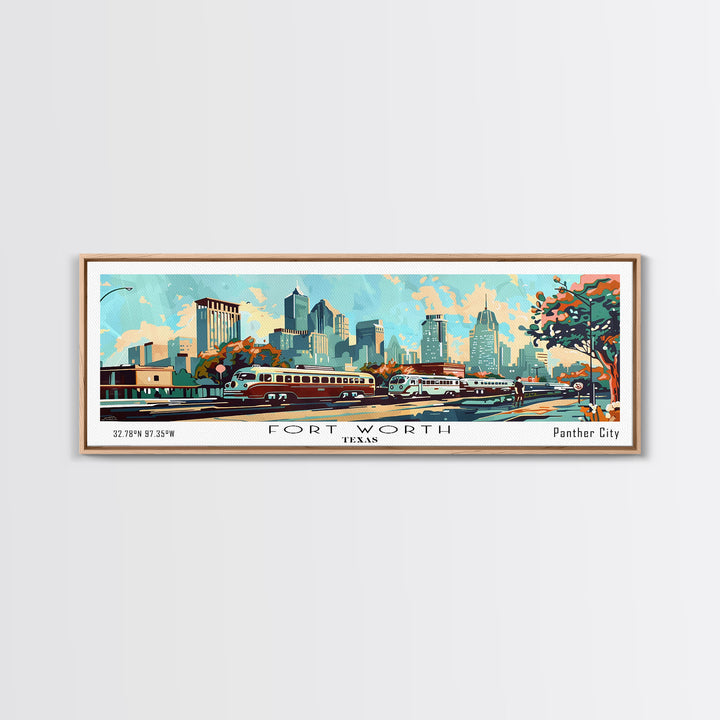 Fort Worth Texas Panoramic Wall Art, Mid Century Modern Framed Canvas Print, Retro Pop Art Travel Poster, Office Art, Living Room Decor