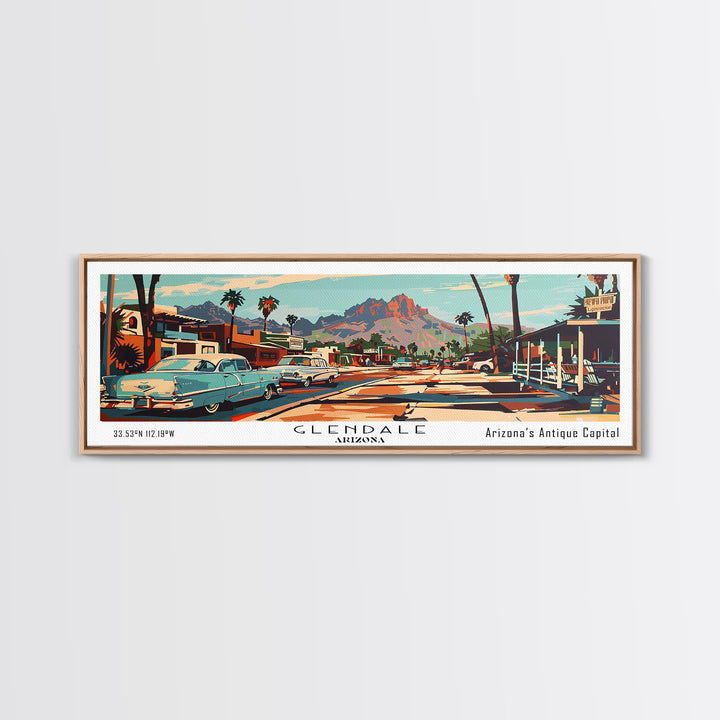 Glendale Arizona Panoramic Wall Art, Mid Century Modern Framed Canvas Print, Retro Pop Art Travel Poster, Home Decor, Office Wall Art, Gift Idea