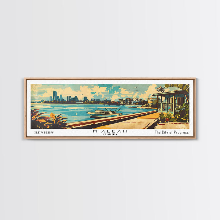 Hialeah Florida Panoramic Painting, Mid Century Modern Framed Canvas Print, Retro Pop Art Travel Poster, Wall Art, Home Decor, Office Wall Art, Gift Idea