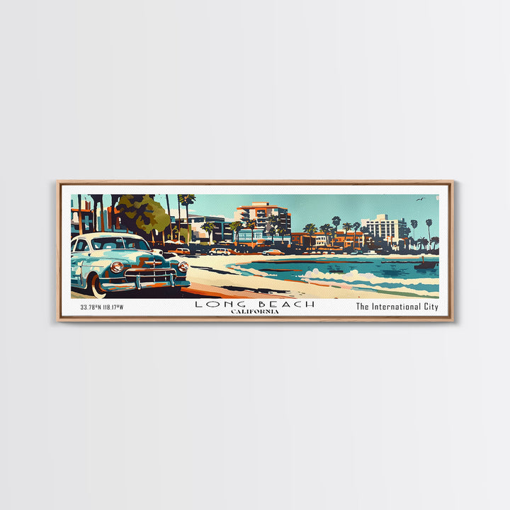 Long Beach California Panoramic Painting, Mid Century Modern Framed Canvas Print, Retro Pop Art Travel Poster, Living Room Wall Art, Home Decor, Vintage Style