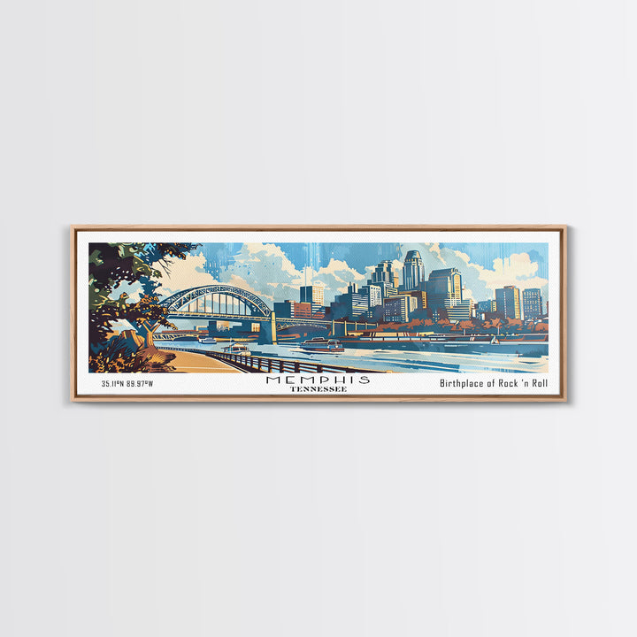 Memphis Tennessee Panoramic Wall Art, Mid Century Modern Framed Canvas Print, Retro Pop Art Travel Poster, Home Decor, Office Art, Gift Idea, Living Room Wall Hanging