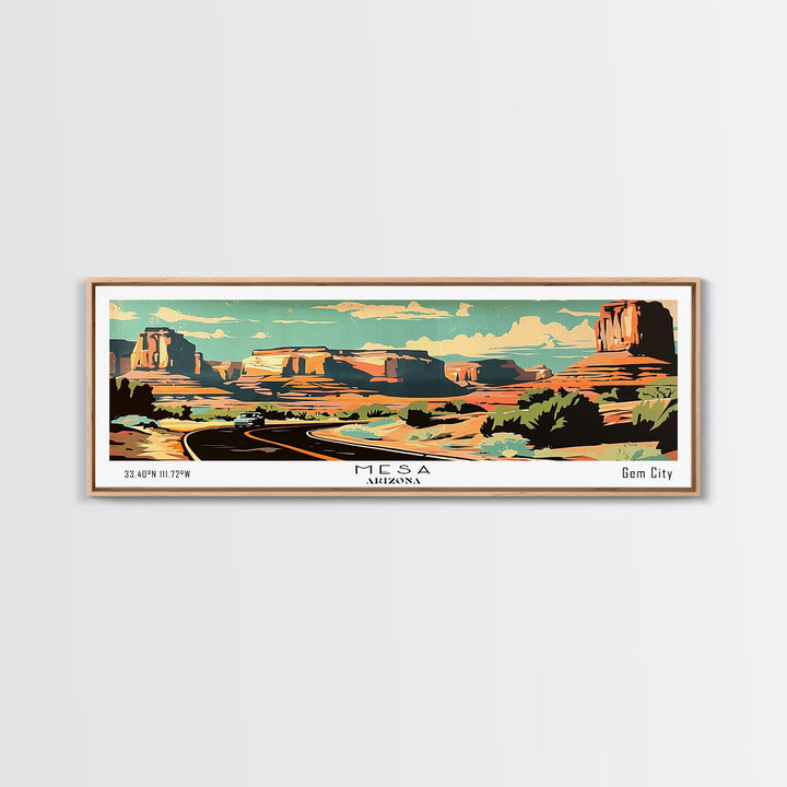Mesa Arizona Panoramic Painting, Mid Century Modern Framed Canvas Print, Retro Pop Art Travel Poster, Living Room Art, Home Decor, Office Wall Art, Vintage Style