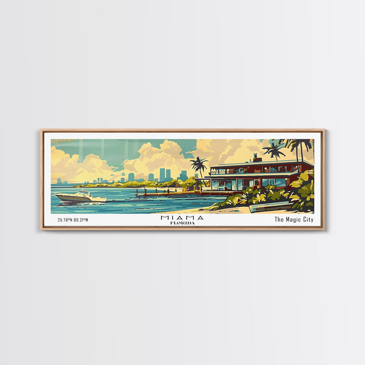 Miami Florida Panoramic Wall Art, Mid Century Modern Framed Canvas Print, Retro Pop Art Travel Poster, Home Decor, Office Art, Living Room Wall Hanging, Gift Idea