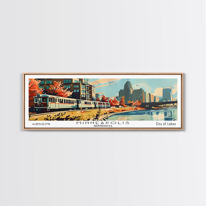Minneapolis Minnesota Panoramic Painting, Mid Century Modern Framed Canvas Print, Retro Pop Art Travel Poster, Living Room Art, Home Decor, Office Wall Art, Vintage Style