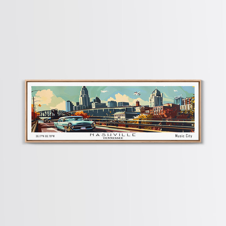 Nashville Tennessee Panoramic Painting, Mid Century Modern Framed Canvas Print, Retro Pop Art Travel Poster, Living Room Art, Home Decor, Office Wall Art, Vintage Style