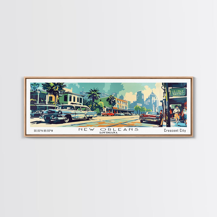 New Orleans Louisiana Panoramic Painting, Mid Century Modern Framed Canvas Print, Retro Pop Art Travel Poster, Living Room Art, Home Decor, Office Wall Art, Vintage Style