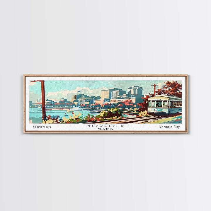 Norfolk Virginia Panoramic Painting, Mid Century Modern Framed Canvas Print, Retro Pop Art Travel Poster, Living Room Art, Home Decor, Office Wall Art, Vintage Style