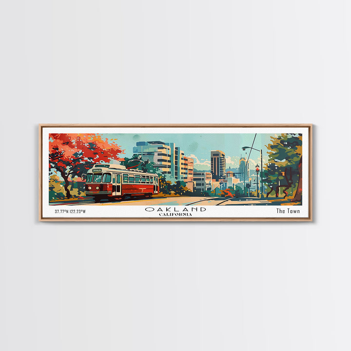 Oakland California Panoramic Painting, Mid Century Modern Framed Canvas Print, Retro Pop Art Travel Poster, Living Room Art, Home Decor, Office Wall Art, Vintage Style