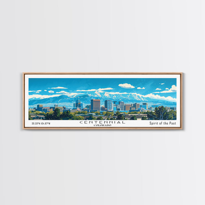 Centennial Colorado Panoramic Painting, Mid Century Modern Framed Canvas Print, Retro Pop Art Travel Poster, Office Wall Art Decor, City Art