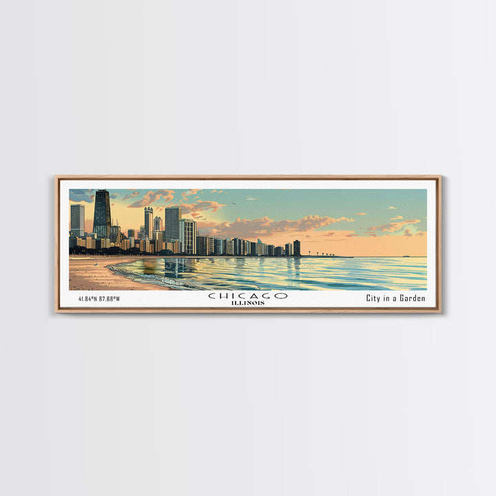 Chicago Florida Panoramic Painting, Mid Century Modern Framed Canvas Print, Retro Pop Art Travel Poster, Living Room Wall Art, City Art