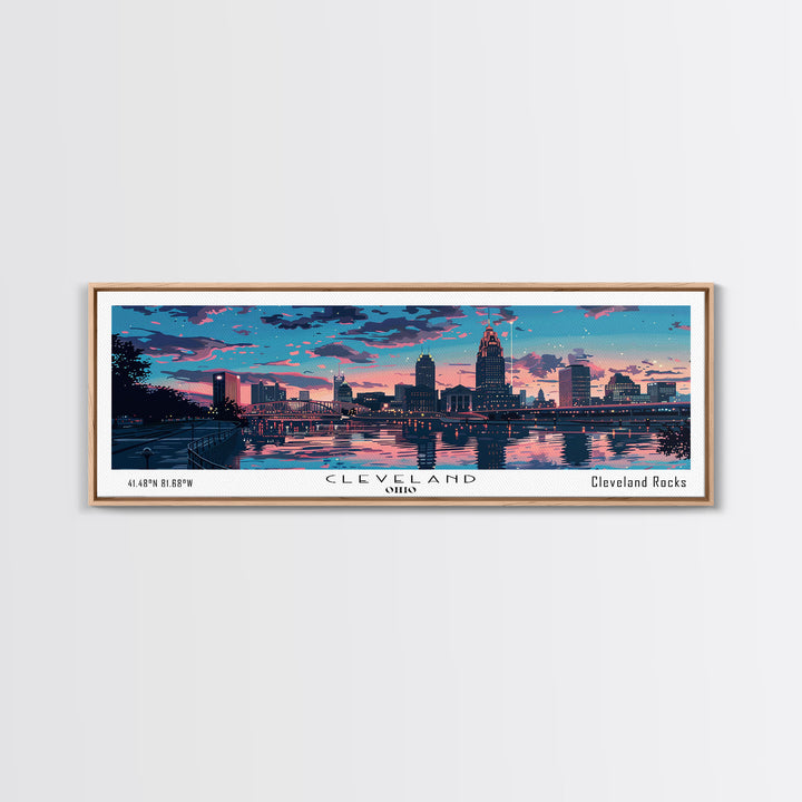 Cleveland Ohio Panoramic Painting, Mid Century Modern Framed Canvas Print, Retro Pop Art Travel Poster, City Wall Art, Office Decor