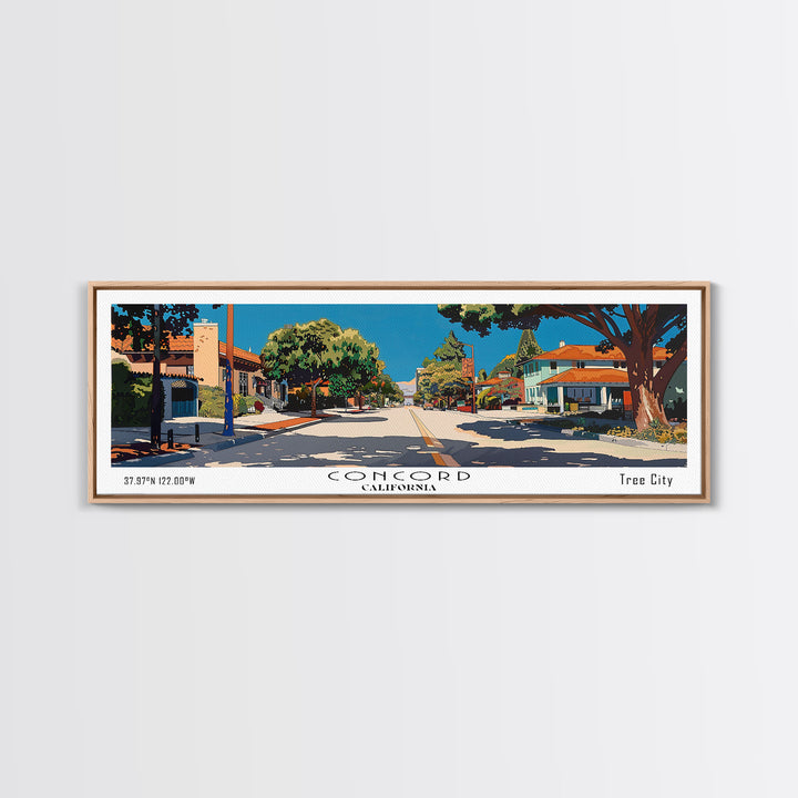 Concord California Panoramic Painting, Mid Century Modern Framed Canvas Print, Retro Pop Art Travel Poster, City Wall Decor, Office Decor