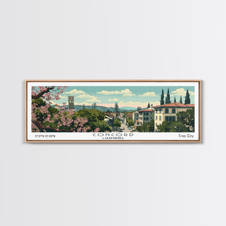 Concord California Panoramic Painting, Mid Century Modern Framed Canvas Print, Retro Pop Art Travel Poster, City Wall Decor, Office Decor