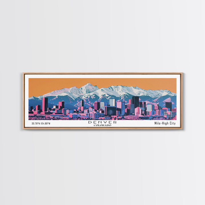 Denver Colorado Panoramic Wall Art, Mid Century Modern Framed Canvas Print, Retro Pop Art Travel Poster, City Living Room Art, Office Decor