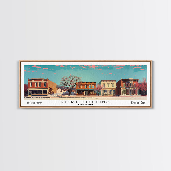 Fort Collins Colorado Panoramic Painting, Mid Century Modern Framed Canvas Print, Retro Pop Art Travel Poster, Office Wall Decor