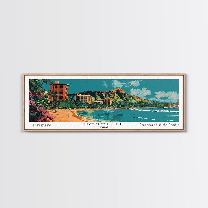 Honolulu Hawaii Panoramic Painting, Mid Century Modern Framed Canvas Print, Retro Pop Art Travel Poster, Home Wall Decor
