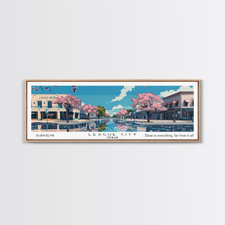 League City Texas Panoramic Painting, Mid Century Modern Framed Canvas Print, Retro Pop Art Travel Poster, Home Decor