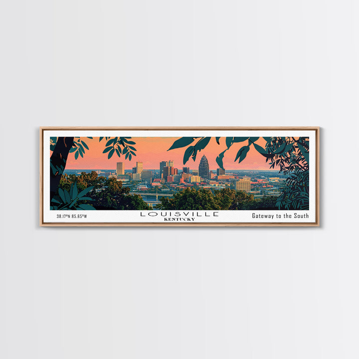 Louisville Kentucky Panoramic Painting, Mid Century Modern Framed Canvas Print, Retro Pop Art Travel Poster, Home Decor