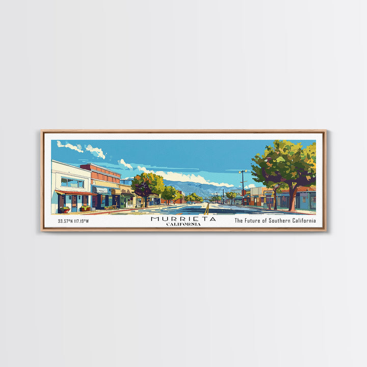 Murrieta California Panoramic Painting, Mid Century Modern Framed Canvas Print, Retro Pop Art Travel Poster, Living Room Decor