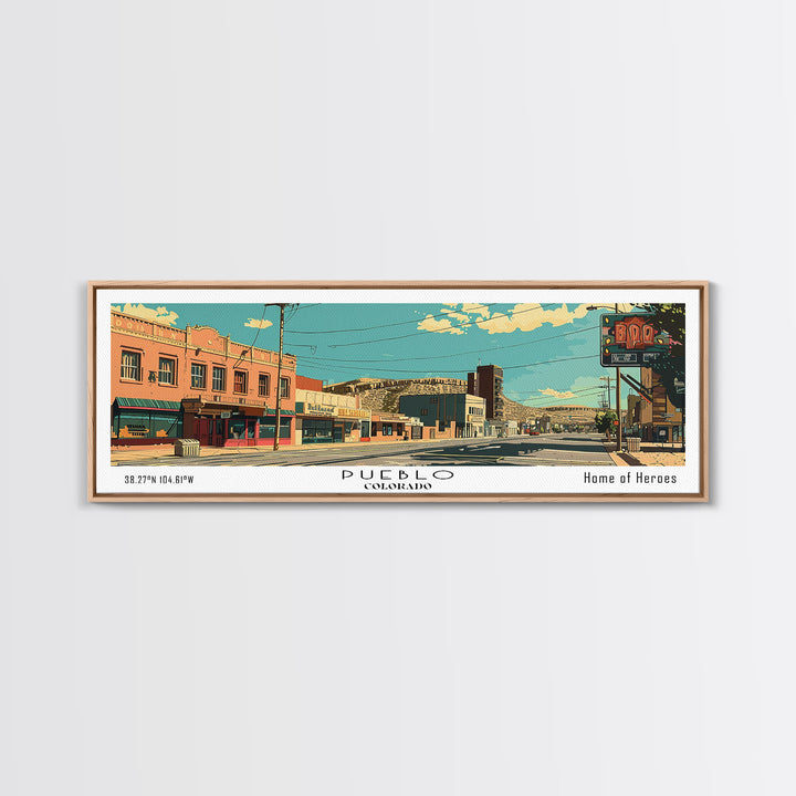 Pueblo Colorado Panoramic Wall Art, Mid Century Modern Framed Canvas Print, Retro Pop Art Travel Poster, City Art, Office Wall Decor, Living Room Art