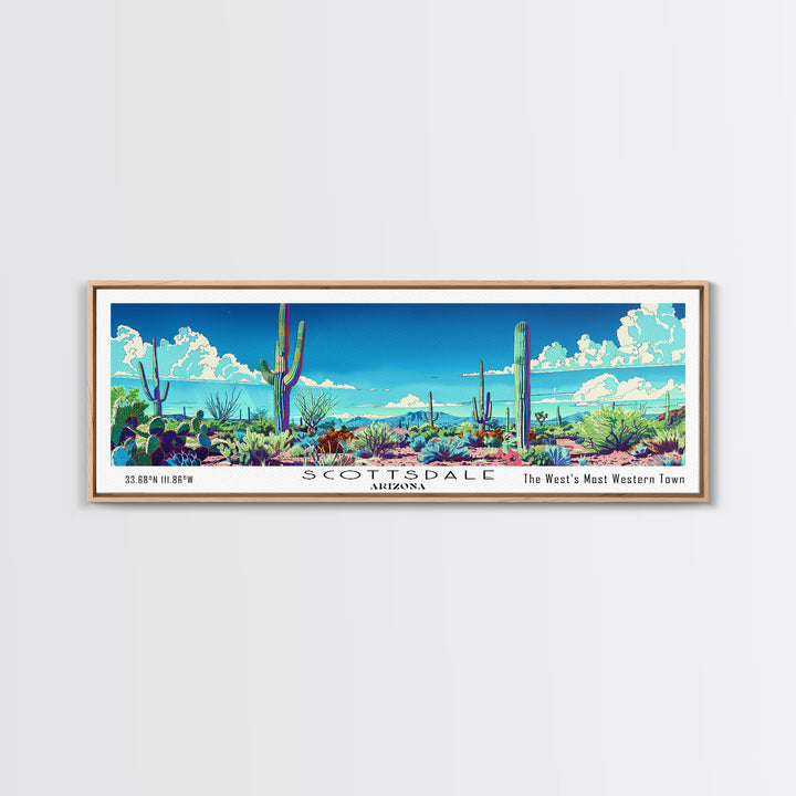 Scottsdale Arizona Panoramic Painting, Mid Century Modern Framed Canvas Print, Retro Pop Art Travel Poster, Wall Hanging for Home Decor