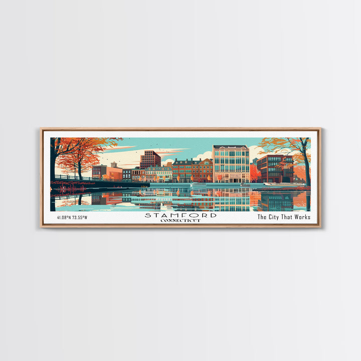 Stamford Connecticut Panoramic Painting, Mid Century Modern Framed Canvas Print, Retro Pop Art Travel Poster, Wall Hanging for Home Decor