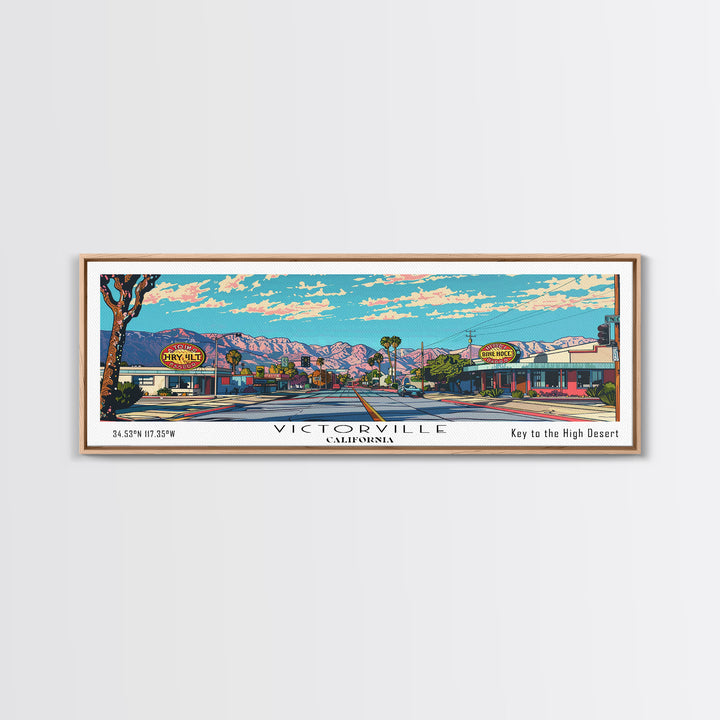 Victorville California Panoramic Wall Art, Mid Century Modern Framed Canvas Print, Retro Pop Art Travel Poster, City Art, Home Decoration