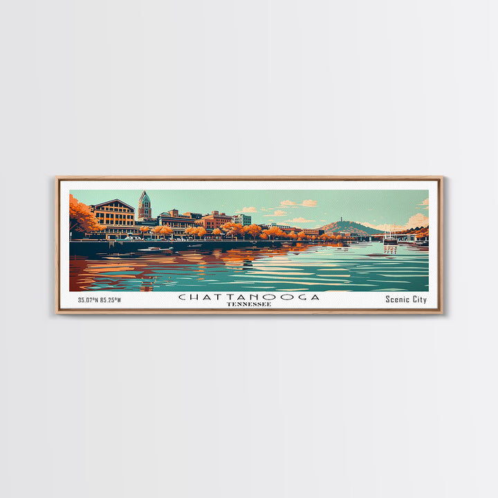 Chattanooga Tennessee Panoramic Painting, Framed Canvas Print, Mid Century Modern Wall Art, Retro Pop Art Travel Poster, Office Decor, City Art