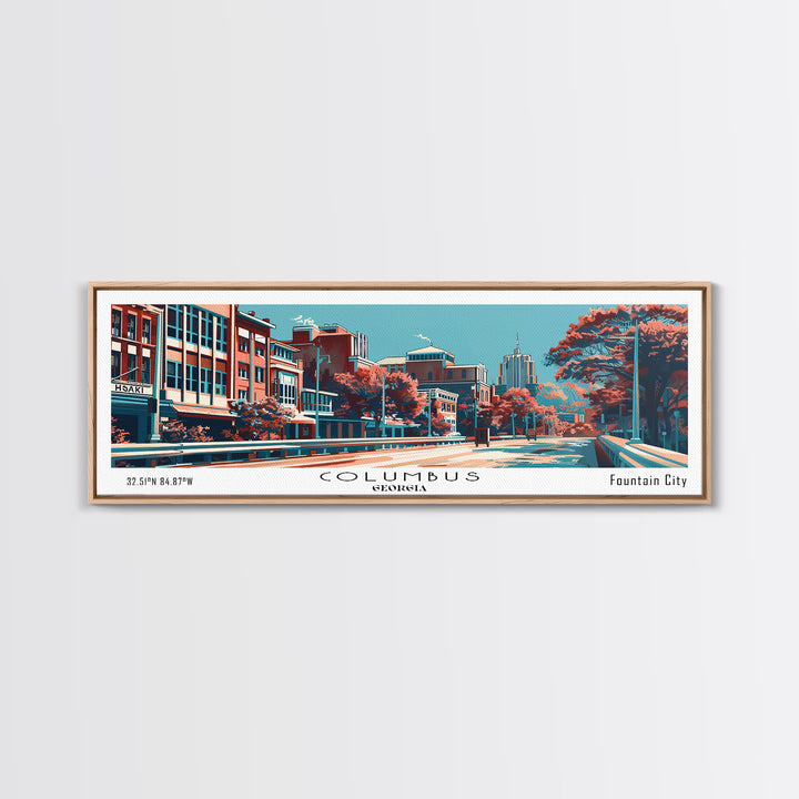 Columbus Georgia Panoramic Painting, Framed Canvas Print, Mid Century Modern Wall Art, Retro Pop Art Travel Poster, Home Decor, City Art