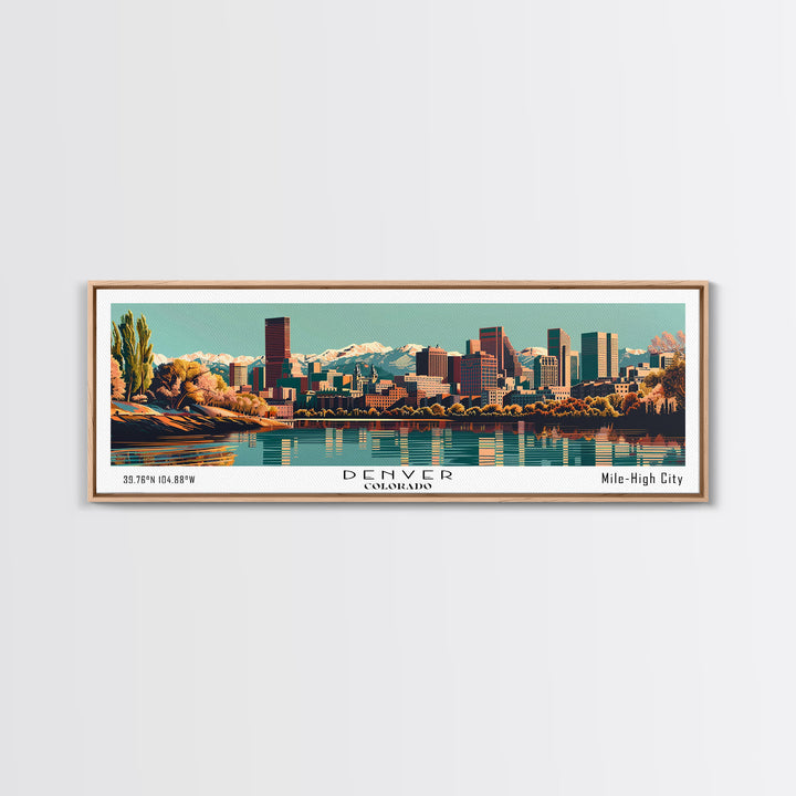 Denver Colorado Panoramic Painting, Framed Canvas Print, Mid Century Modern Wall Art, Retro Pop Art Travel Poster, Living Room Decor, City Art