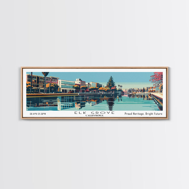 Elk Grove California Panoramic Painting, Framed Canvas Print, Mid Century Modern Wall Art, Retro Pop Art Travel Poster, Living Room Decor, City Art