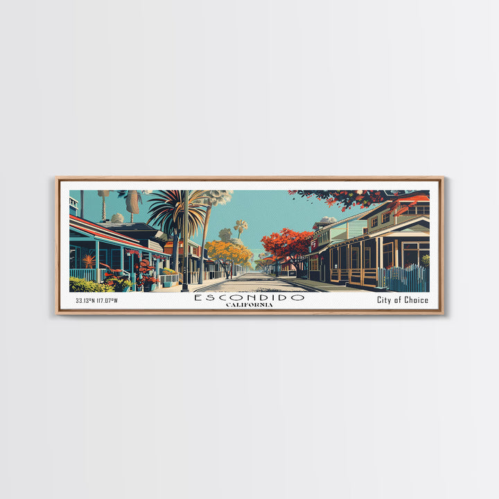 Escondido California Panoramic Painting, Framed Canvas Print, Mid Century Modern Wall Art, Retro Pop Art Travel Poster, Living Room Decor, City Art
