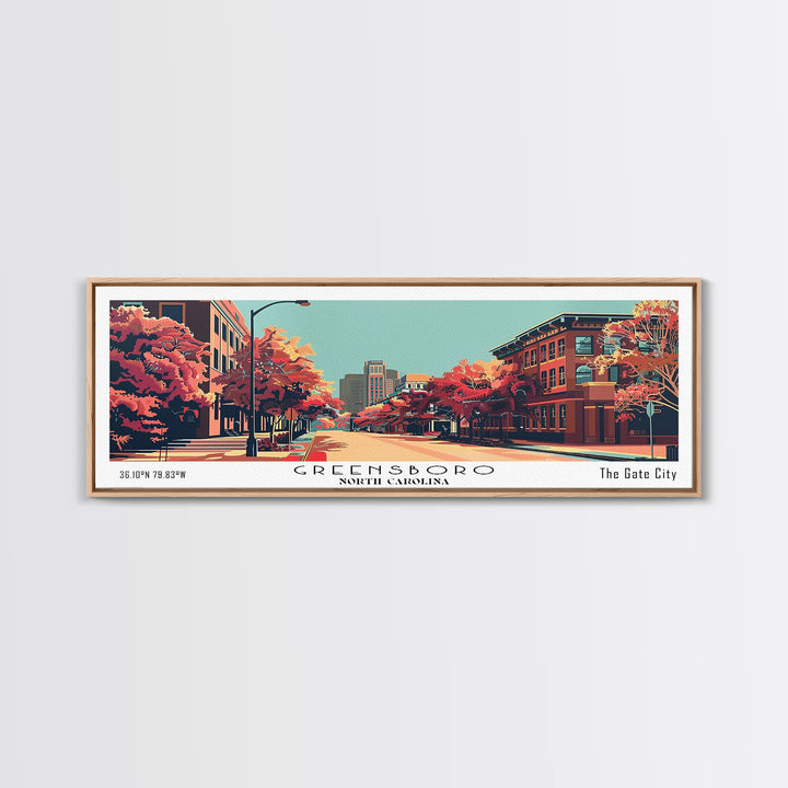 Greensboro North Carolina Panoramic Wall Art, Mid Century Modern Framed Canvas Print, Retro Pop Art Travel Poster, City Art, Living Room Decor, Home Office Decor