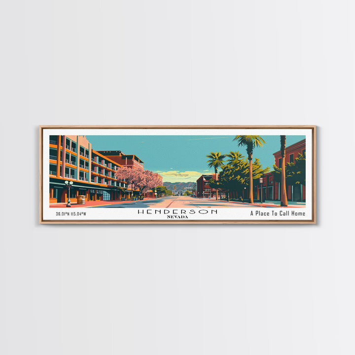 Henderson Nevada Panoramic Painting, Mid Century Modern Framed Canvas Print, City Art, Retro Pop Art Travel Poster, Living Room Decor, Home Office Art, Cityscape