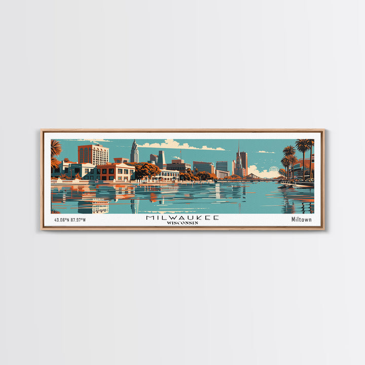 Milwaukee Wisconsin Panoramic Wall Art, Mid Century Modern Framed Canvas Print, Retro Pop Art Travel Poster, Office Decor, Living Room Art