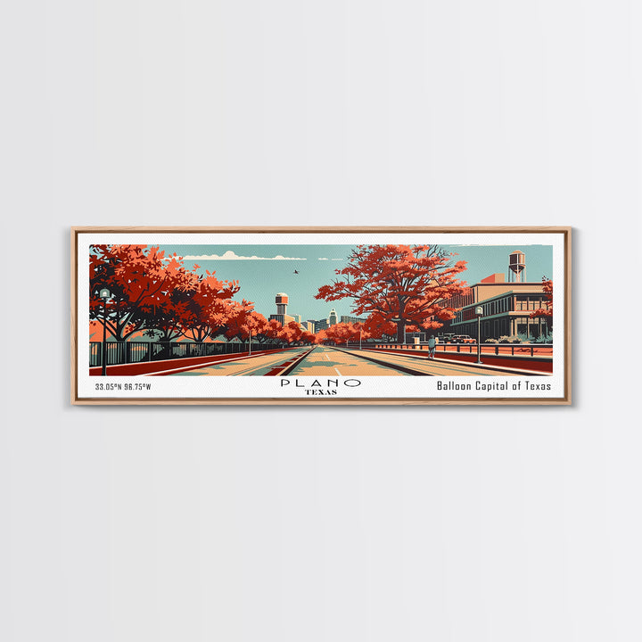 Plano Texas Panoramic Painting, Mid Century Modern Framed Canvas Print, Retro Pop Art Travel Poster, Living Room Decor, City Art