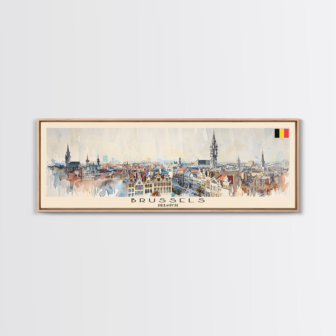 Brussels Belgium Panoramic Travel Poster, Framed Canvas Print or Metal Wall Art, Travel Art, Home Decor, Panoramic Painting, Midcentury Art