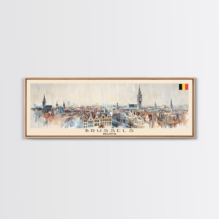 Brussels Belgium Panoramic Travel Poster, Framed Canvas Print or Metal Wall Art, Travel Art, Home Decor, Panoramic Painting, Midcentury Art