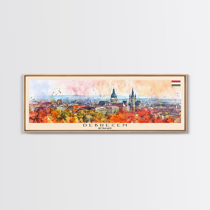 Debrecen Hungary Panoramic Travel Poster, Framed Canvas Print or Metal Wall Art, Travel Art, Home Decor, Panoramic Painting, Midcentury Art
